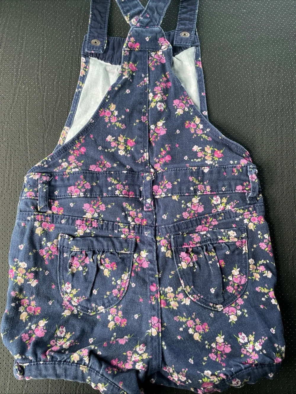 GAP Navy Floral Denim Short Overalls with Pink & Cream Flowers